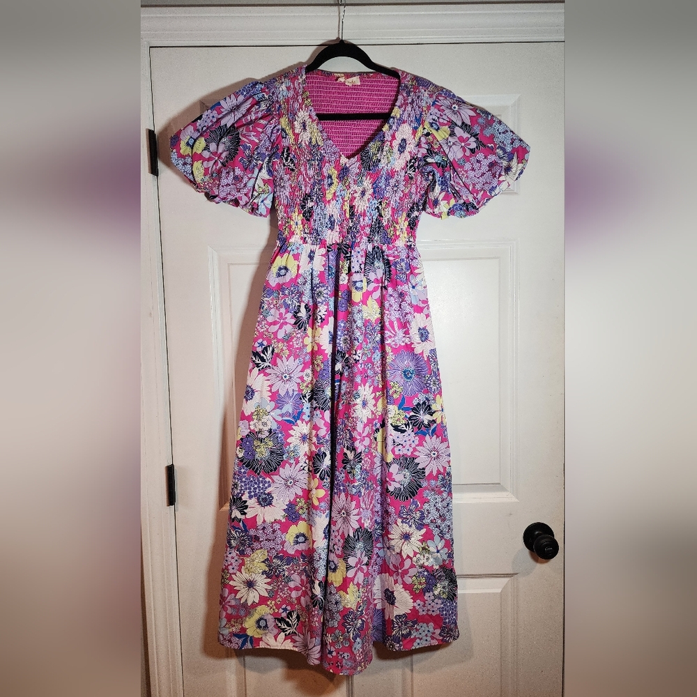 NWOT Listicle Colorful Floral Bodiced Retro Melon Sleeves Maxi Dress S